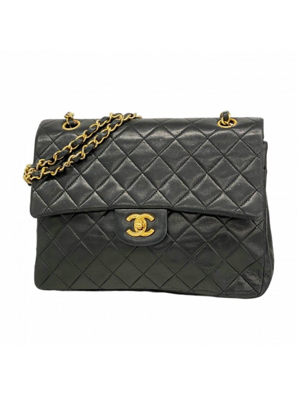 Chanel Shoulder Bag Quilted Lambskin Black Gold